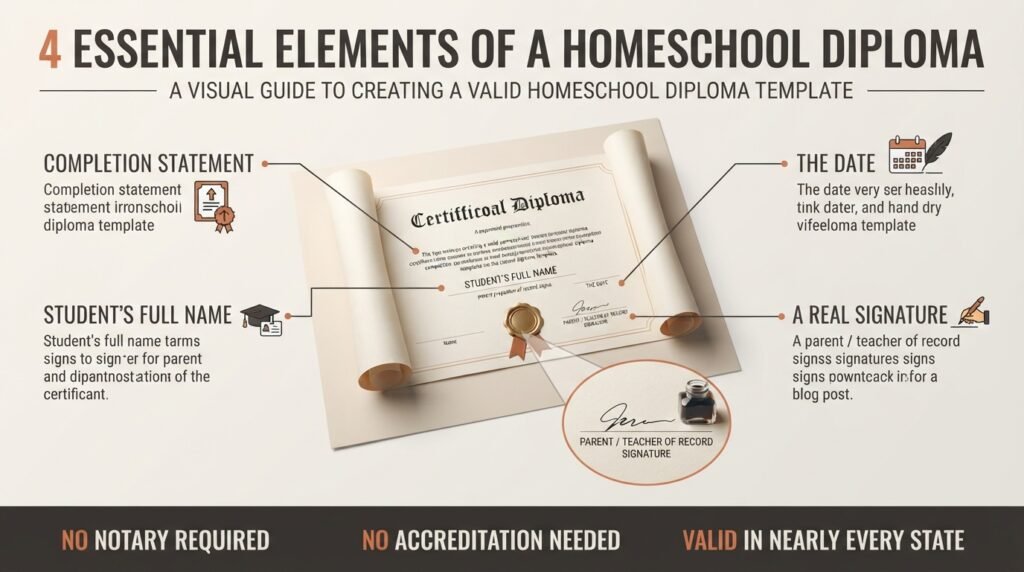Homeschool diploma template infographic showing the 4 required elements