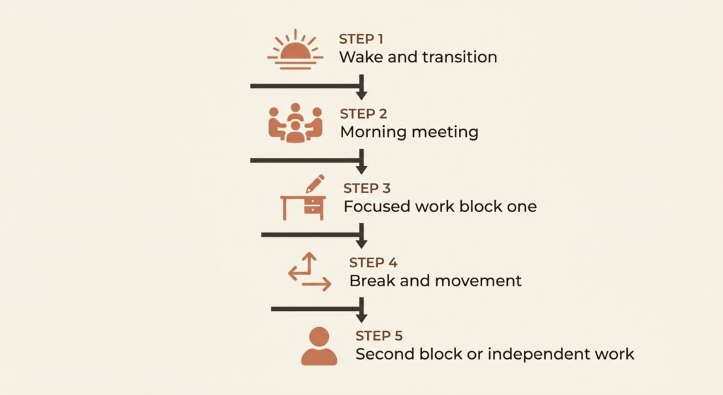 Infographic showing five-step homeschool routine flow: wake and transition, morning meeting, focused work, break with movement, independent work