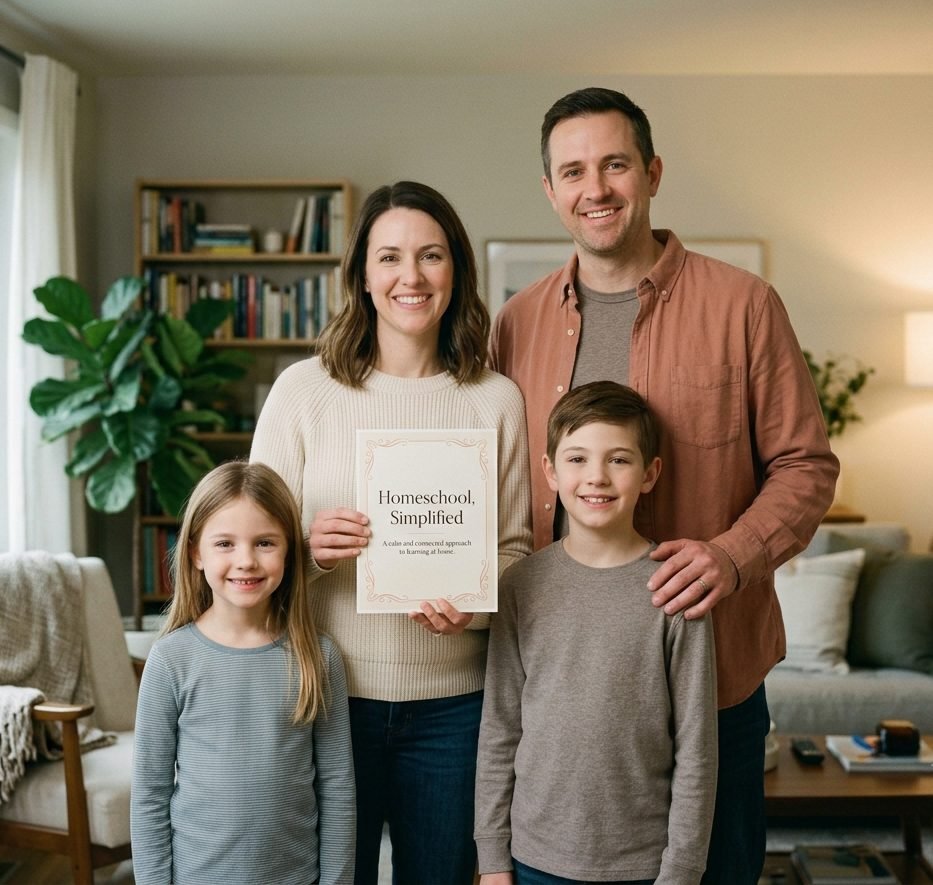 A smiling family of four holding their printed homeschool planner from HomeschoolPlanHub