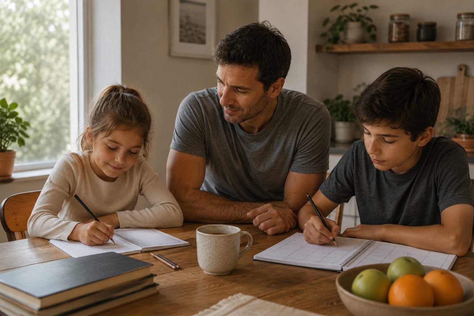 A father helping two kids of different ages work in their own homeschool planner pages at the kitchen table