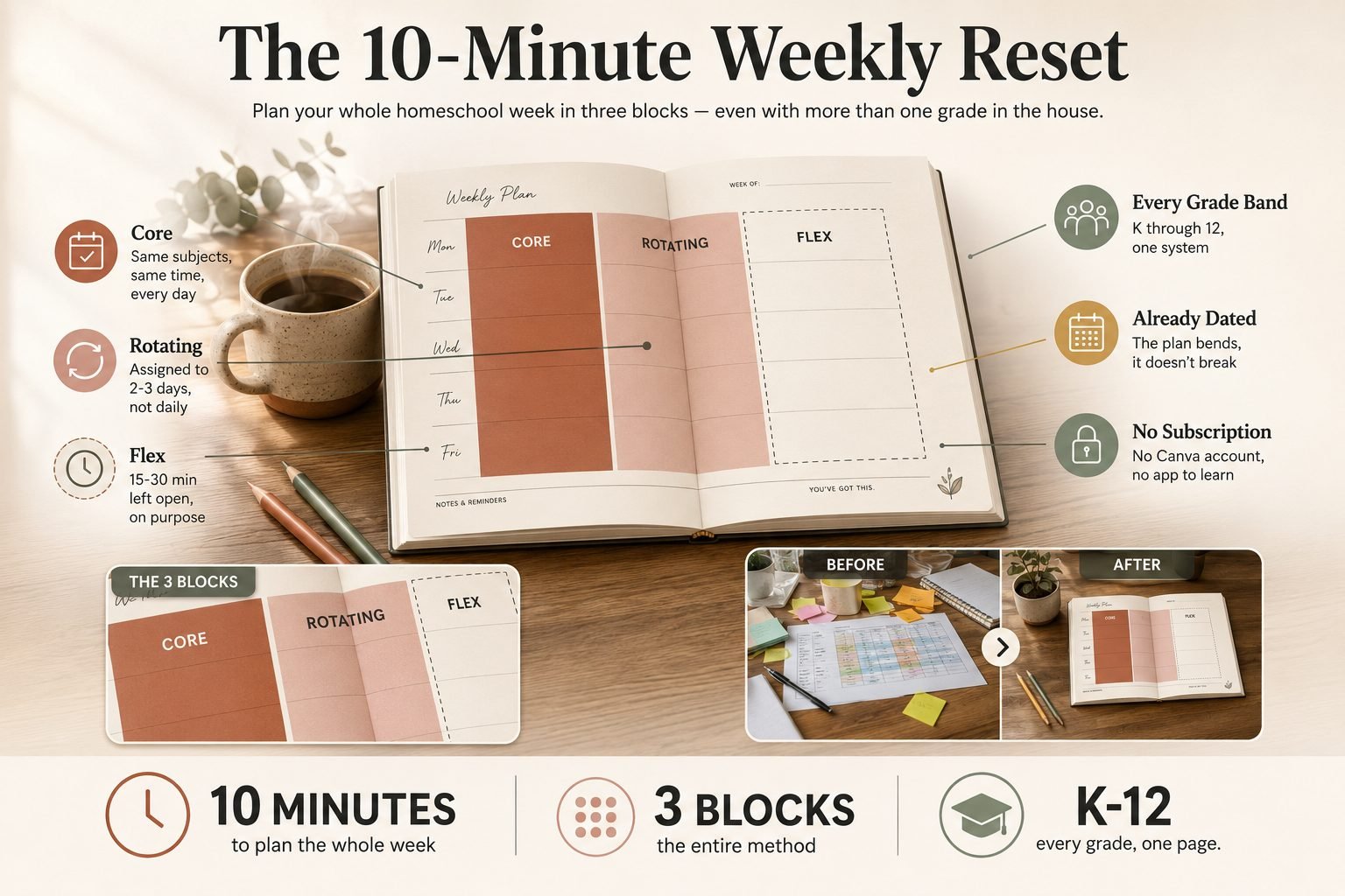 The 10-Minute Weekly Reset: a homeschool planner open to a weekly page split into Core, Rotating, and Flex blocks, with a before-and-after comparison and the stats 10 minutes, 3 blocks, K-12
