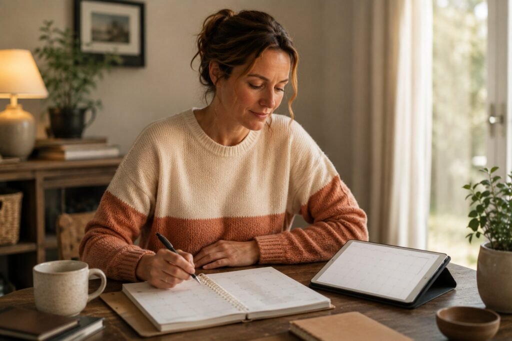 Parent balancing a laptop and homeschool planning at the kitchen table