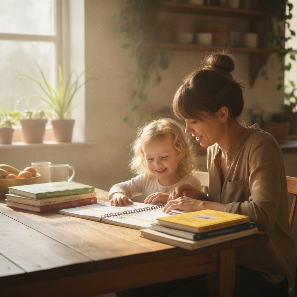 A parent and child reviewing a homeschool planner together, learning how to start homeschooling