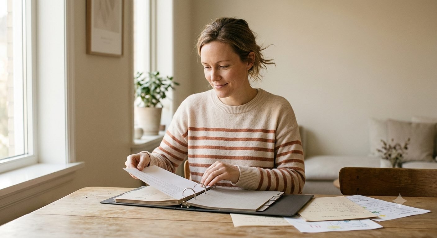 A parent filling in an undated homeschool planner page with a cup of coffee nearby