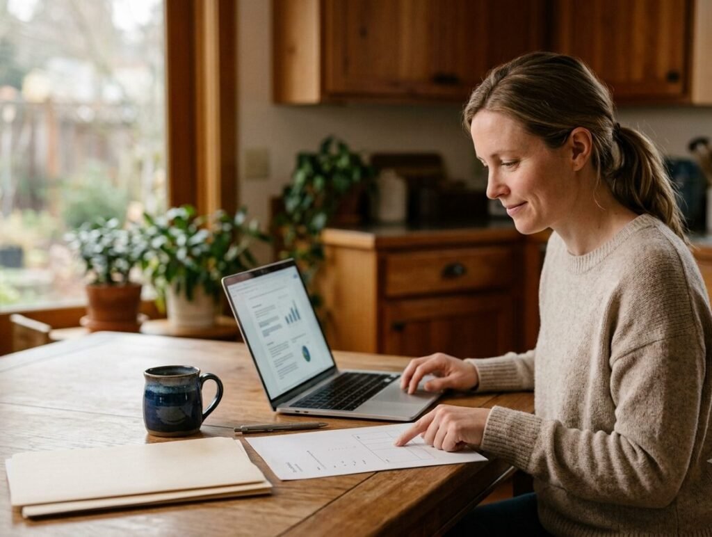 A mother reviewing homeschool state requirements at her kitchen table with a laptop and checklist