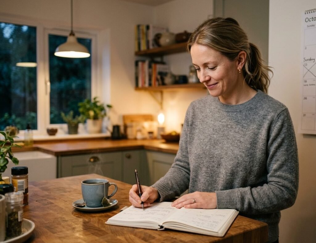 A mother filling in a homeschool weekly planner spread with tea beside her