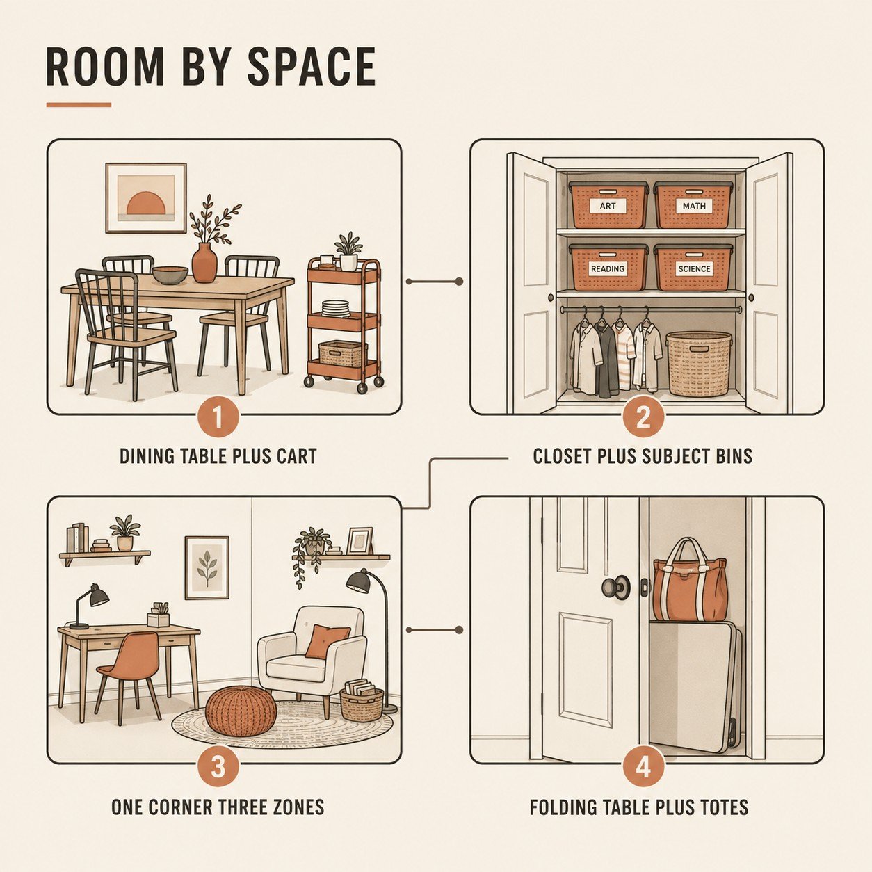DIY homeschool room ideas by space: dining table with cart, closet with subject bins, one corner in three zones, folding table with totes