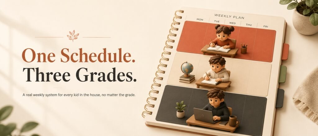 Parent teaching two children of different grade levels at the same homeschool table