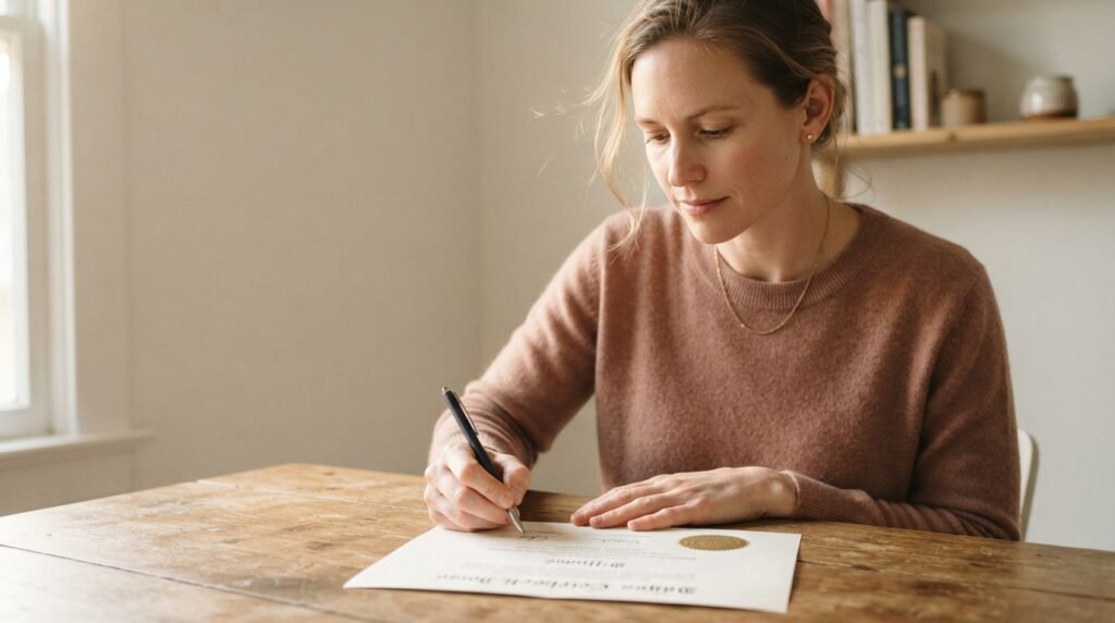A mother signing a homeschool diploma template at her kitchen table