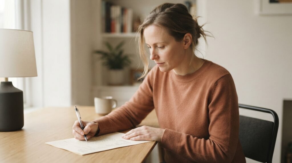 Mother filling out a homeschool report card at her desk