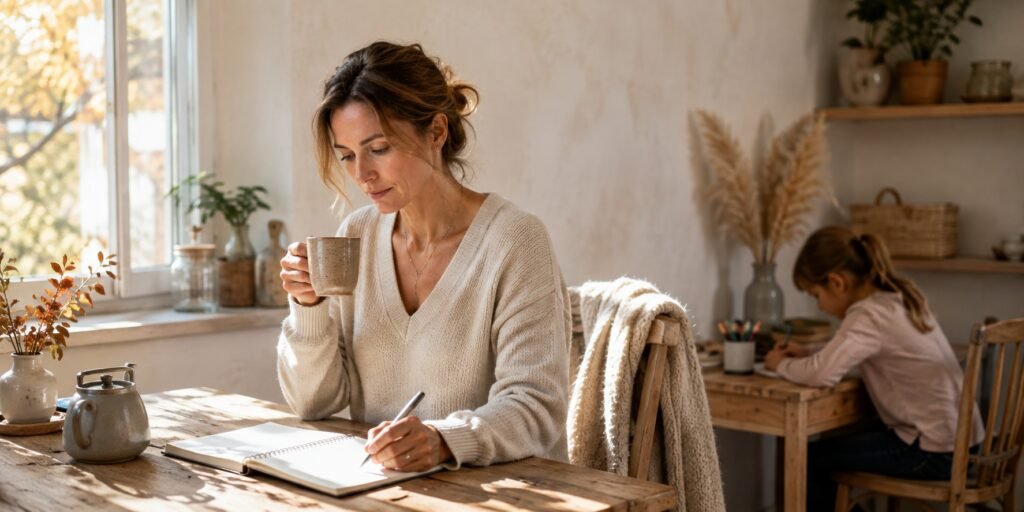 Woman at kitchen table with tea and notebook, planning her homeschool routine, with child drawing quietly in background during peaceful morning ritual