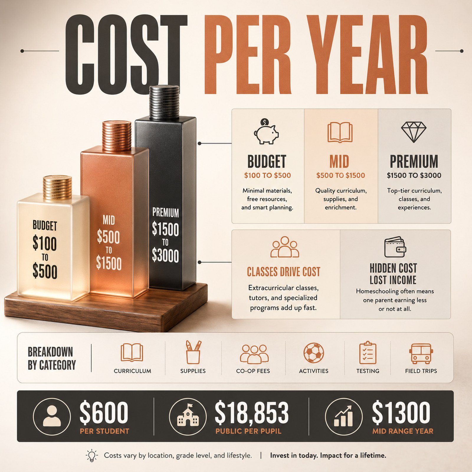 Infographic showing how much does homeschooling cost per year across budget, mid range, and premium tiers with a category spending breakdown