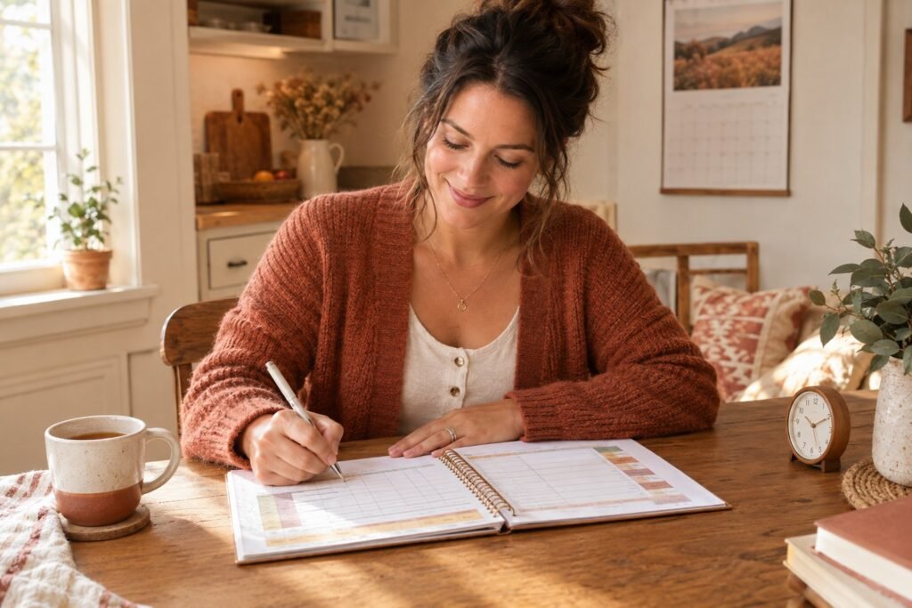 A homeschool mother logging her homeschool hours in a weekly planner