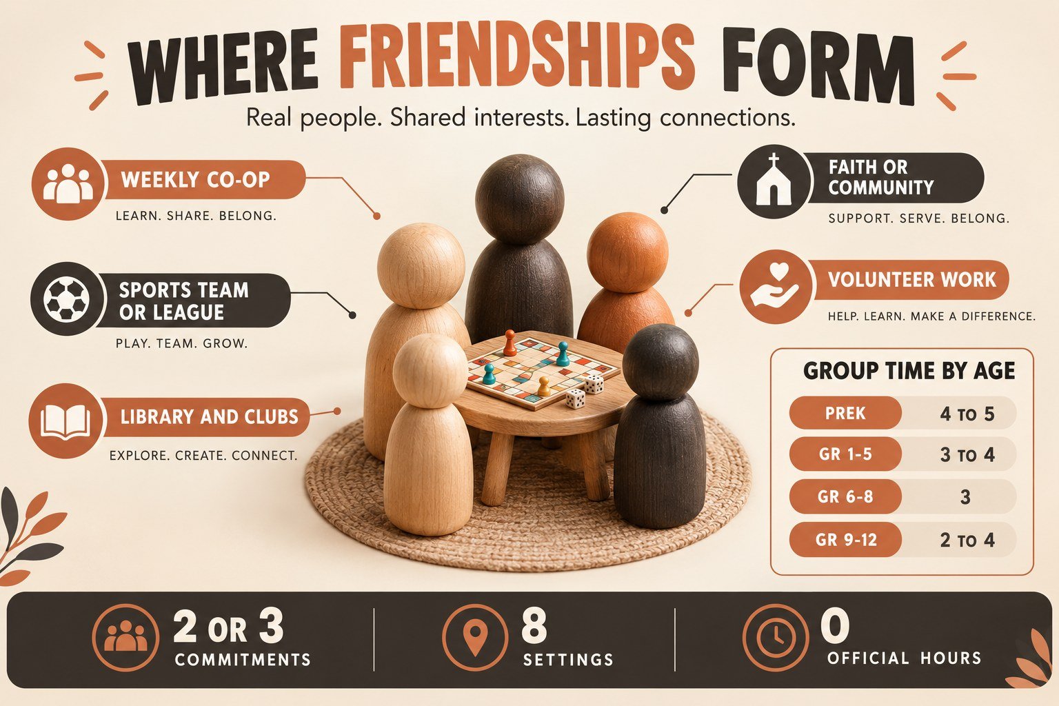 Homeschool socialization infographic showing where homeschoolers make friends and a weekly group-time target by age