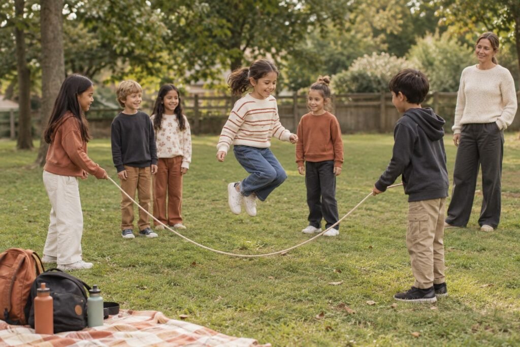 Homeschooled children socializing at a park co-op meetup, playing a group game with a parent nearby