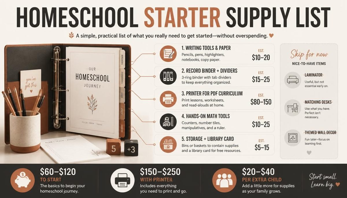 Homeschool supply list infographic showing the core supply categories, rough first-year costs, and what to skip