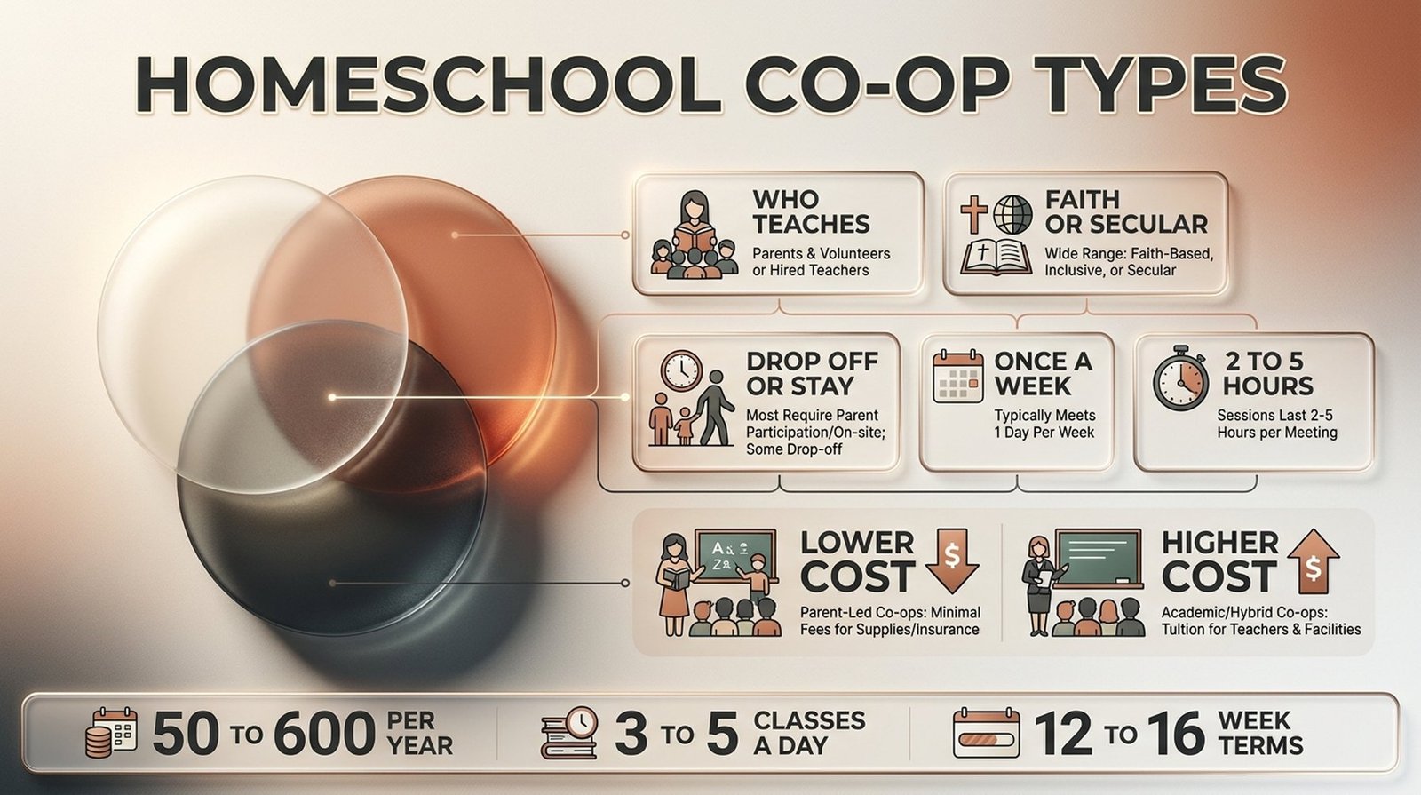 Infographic showing what is a homeschool co-op through three real types, a typical weekly schedule, and cost per child