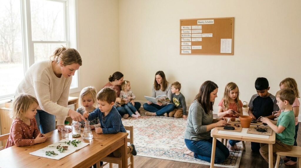 A group of homeschool families gathered at a homeschool co-op, parents and kids working together at tables in a bright classroom
